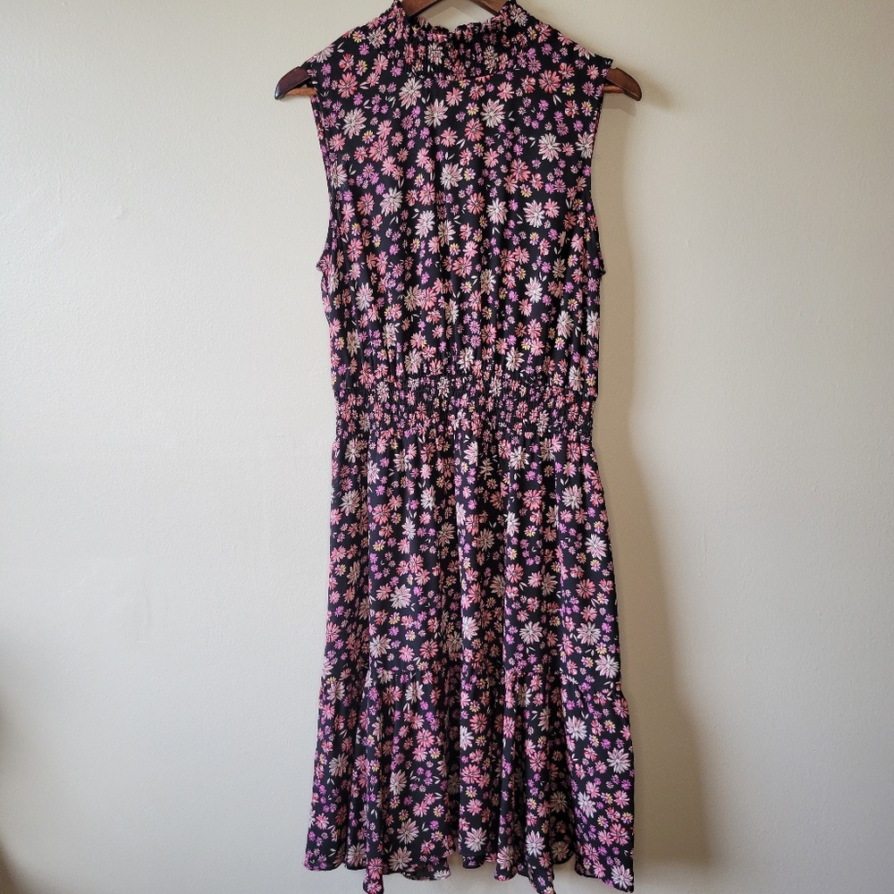 Nanette Lepore Black Pink Purple Floral Smocked Neck Sleeveless Midi Dress Sz 12